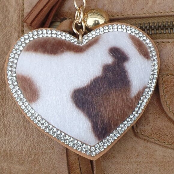 NEW Handbags - Cowboy Faux Fur Bag Charm Animal Print Rhinestone Trim Key Chain NWOT HEART (1)